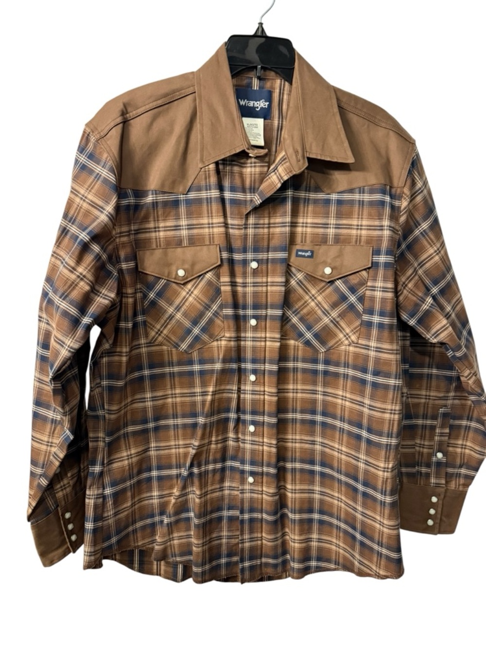 Men’s vintage Wrangler Brown and Blue Plaid Western Shirt EUC Size XL